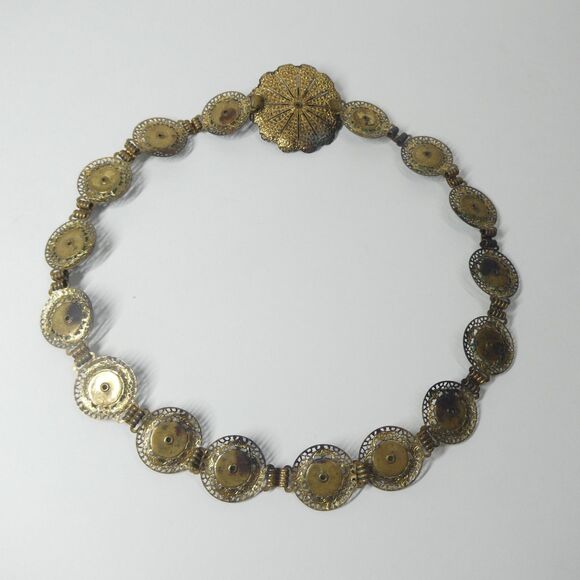 Metal Flower Link Belt w/ Carved Green Glass 26\